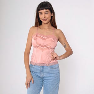 Vintage Pink Lace Camisole 70s Lingerie Retro Cami Tank Top Adjustable Spaghetti Strap Pinup 1970s Formfit Romantic Size 32 Extra Small xs