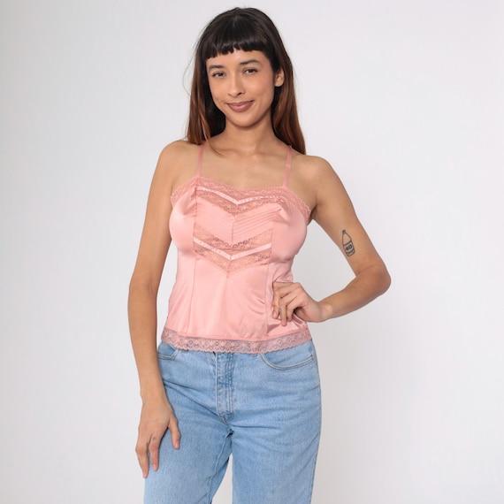Vintage Pink Lace Camisole 70s Lingerie Retro Cami Tank Top Adjustable Spaghetti Strap Pinup 1970s Formfit Romantic Size 32 Extra Small xs