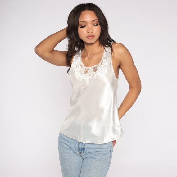 Cut Out Tank Top 90s White Satin Floral Embroidered Blouse Cutwork Party Shirt Flower Cutout Summer Sleeveless Vintage 1990s Medium