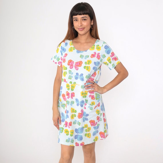 90s Butterfly Dress Fresh Produce Mini Dress Pale Blue 1990s Vintage Shift Short Sleeve MiniDress High Waist Pocket Tshirt Dress Small