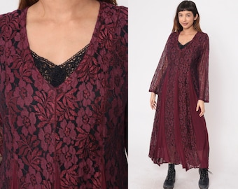 Plum Lace Dress 90s Nostalgia Chiffon Panel Maxi Dress Retro Boho Long Sleeve Party Black Lined Witchy Gothic Bohemian Vintage 1990s Small S