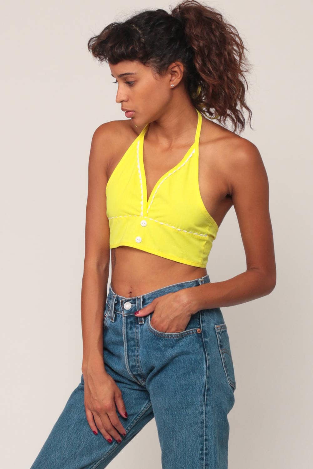 blue and yellow halter top