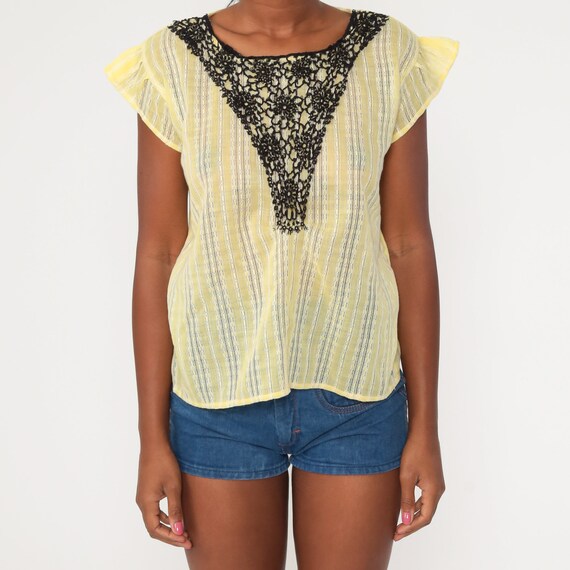 Yellow Blouse 90s Boho Hippie Top Lace Shirt Semi… - image 5