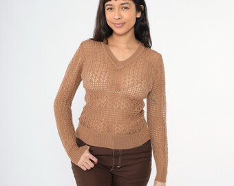 Vintage 70s Sheer Brown Knit Sweater Open Weave Pointelle V Neck Pullover Long Sleeve 1970s Lightweight See Through Top Extra Small xs