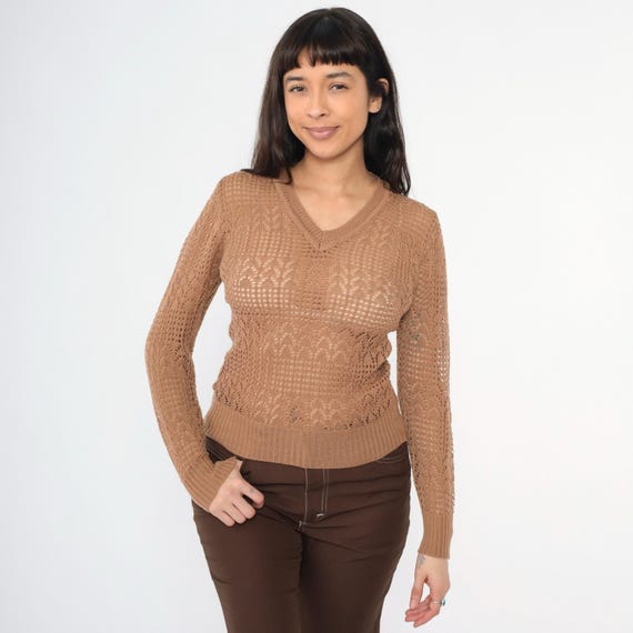Vintage 70s Sheer Brown Knit Sweater Open Weave Pointelle V Neck Pullover Long Sleeve 1970s Lightweight See Through Top Extra Small xs