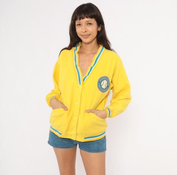 90s Baseball Varsity Cardigan Yellow Fleece V Neck Striped Trim Patch Collegiate Sweater Teal Gold Sporty Athletic Jacket Warm Small S