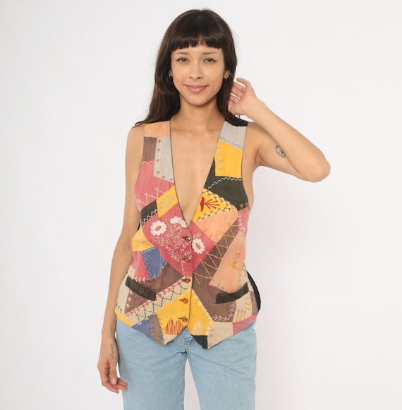 Patchwork Embroidered Vest 90s Crazy Quilt Waistcoat Floral Sleeveless Folk Art Prairie Cottagecore Multicolor Pink Mustard Brown Small S