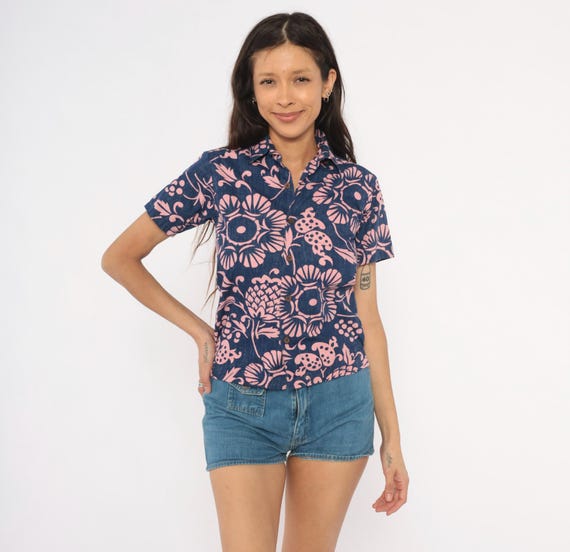 Hawaiian Floral Shirt Cobalt Blue Pink Botanical Cotton Blouse 2000s Kahala Short Sleeve Tropical Shell Summer Resort Top Extra Small XS