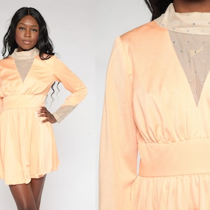 70s Party Dress Rhinestone Beaded Mini Babydoll Dress Retro Mod Glam Turtleneck Sparkly Boho Empire Waist Long Sleeve Vintage 1970s Medium M