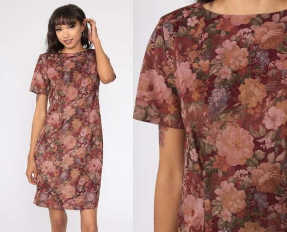 80s Floral Dress Burgundy Red Mini Dress Sheath Dress Faux Suede 90s Short Sleeve Vintage Minidress Shift Medium