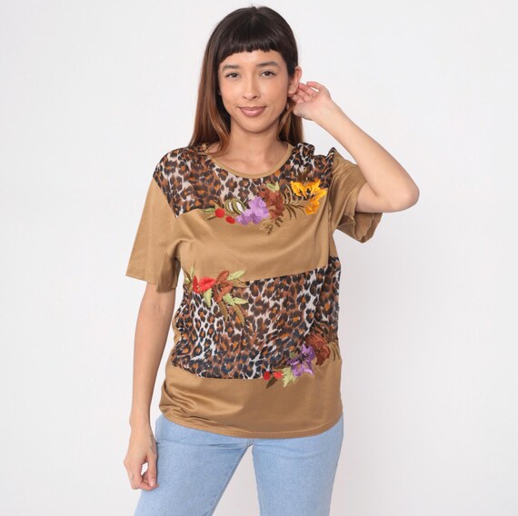 90s Leopard Print Top Floral Embroidered Color Block Tan Brown Animal Print Cotton Vintage Blouse Safari Style Tunic Tee Large L