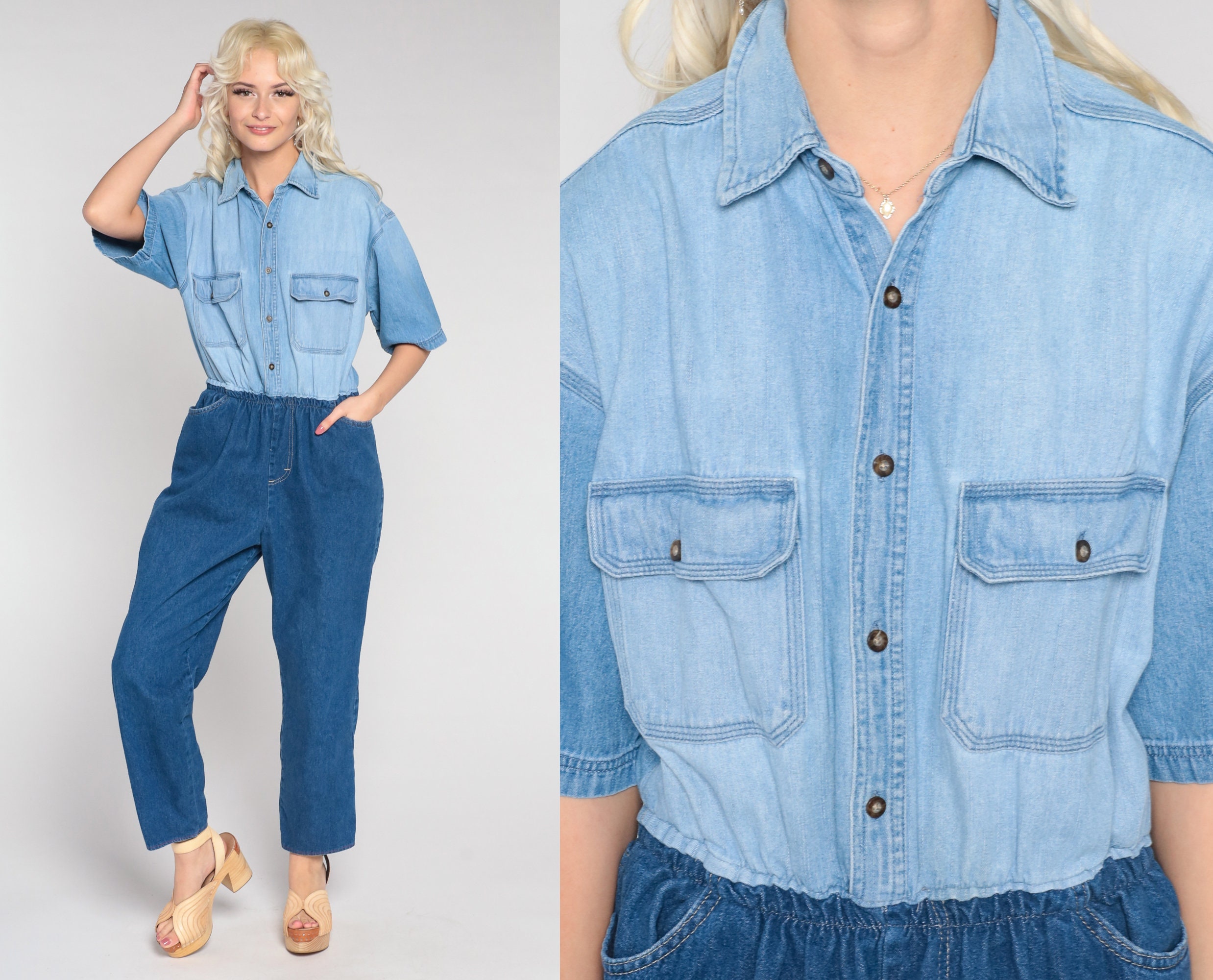 Y2K Denim Jumpsuit Blue Playsuit Button Up 00s One Piece Tapered Blue ...