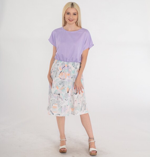 80s Day Dress Purple Midi Dress Abstract Brushstroke Print High Waisted Short Sleeve Summer Casual Girly Retro Blouson Vintage 1980s Medium