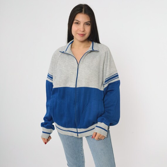 80s Colorblock Sweatshirt J Blair Zip Up Jacket Blue Gray  Track Striped Trim Athletic Retro Sport Streetwear Vintage Large L