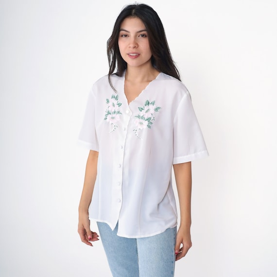 White Embroidered Blouse 90s Floral Scalloped Top Button Up Shirt Short Sleeve Party V Neck Vintage 1990s Oversized Large L