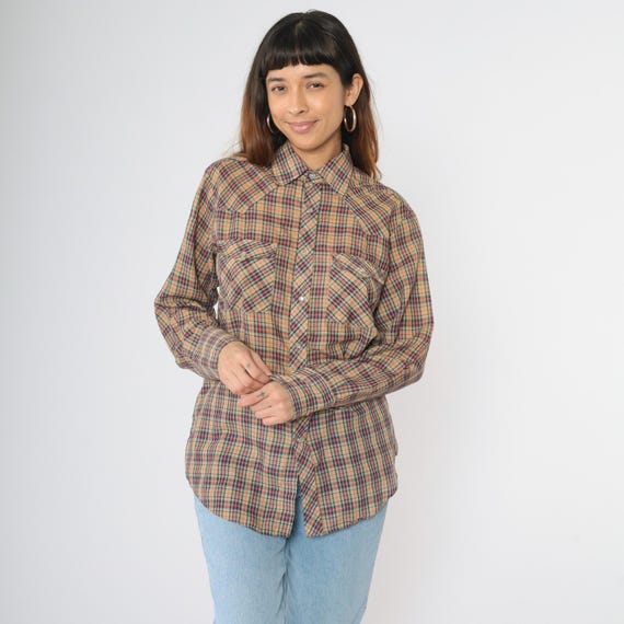 Vintage Plaid Western Shirt 80s Thin Tan Red Button Up Pearl Snap Rodeo Shirt 1980s Long Sleeve Cowboy Men's Medium M