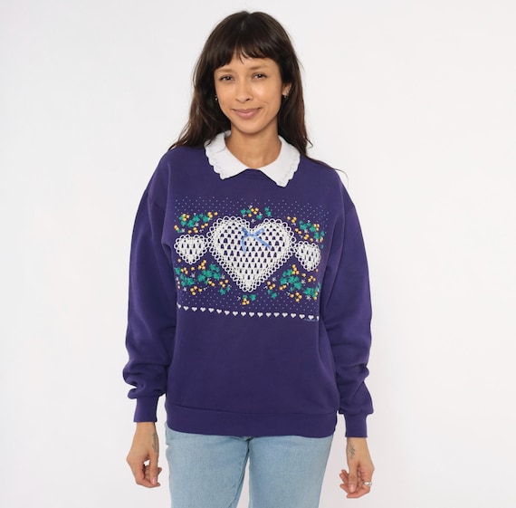 90s Lace Heart Sweatshirt Purple Collared Pullover Violet Floral Cotton Peter Pan Collar Coquette Cottage Core Grape Crewneck Top Medium M