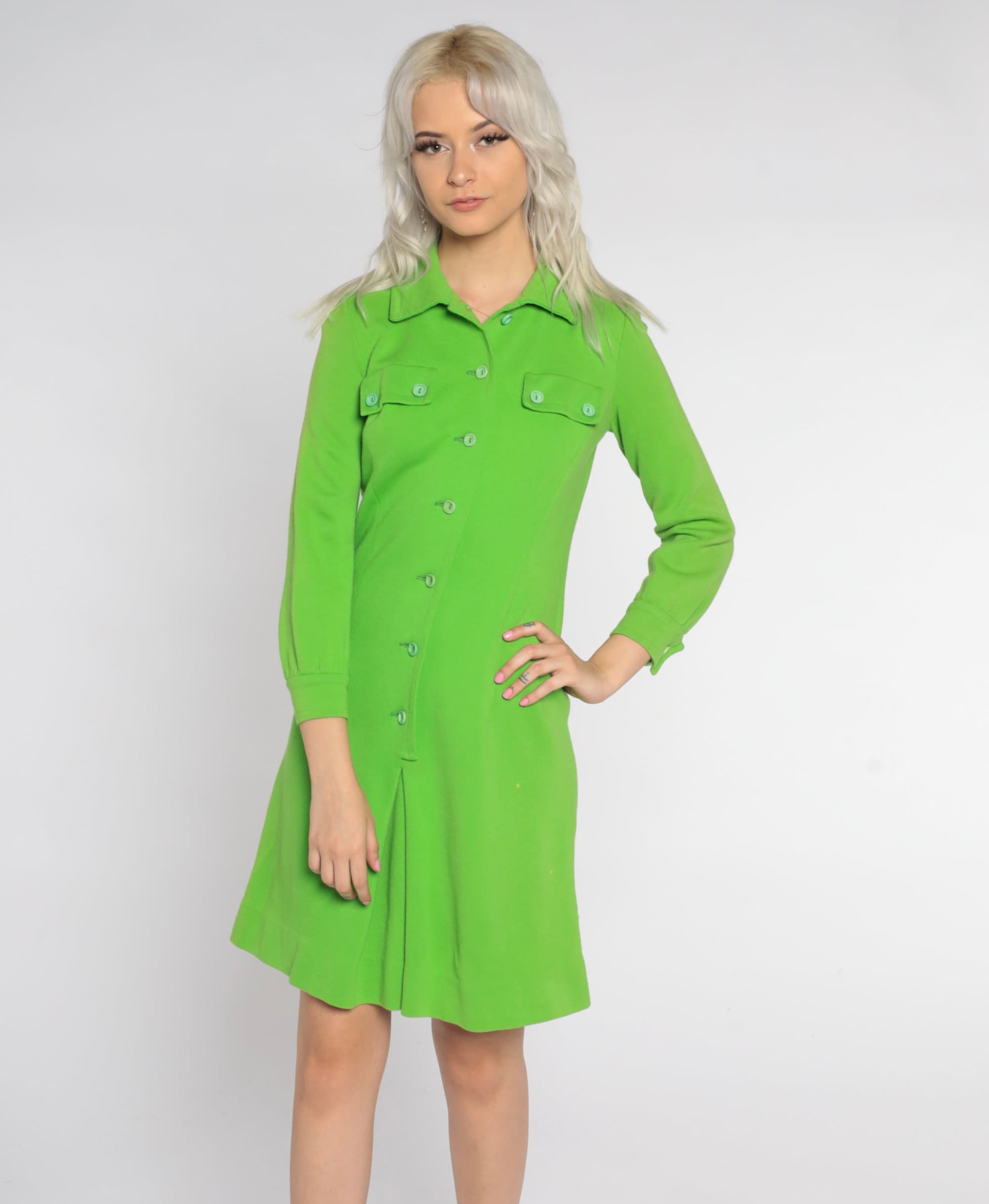 Lime Green Wool Dress 60s Mod Mini Dress Retro Collared Button Up ...