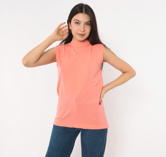 70s Coral Tank Top Booth Bay Sleeveless Blouse Peach Salmon Pink Top Ribbed Collar Knit Trim Minimalist Summer Shirt Vintage Womens Large L