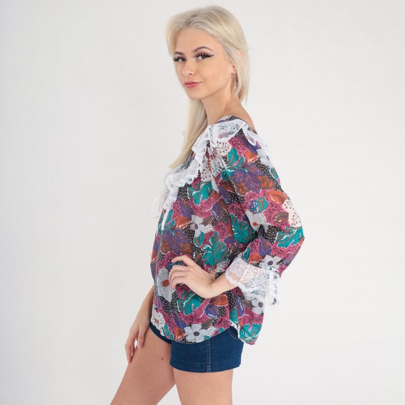 Lace Floral Blouse 80s Ruffle Shirt Boho Top Trop… - image 6