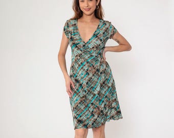 Y2K Abstrakter Print Kleid Midi Geraffte Wrap Front O-Ring V-Ausschnitt 00er Jahre Boho Gestreift Vintage Kurzarm Bodycon Türkis Blau Braun Small 6