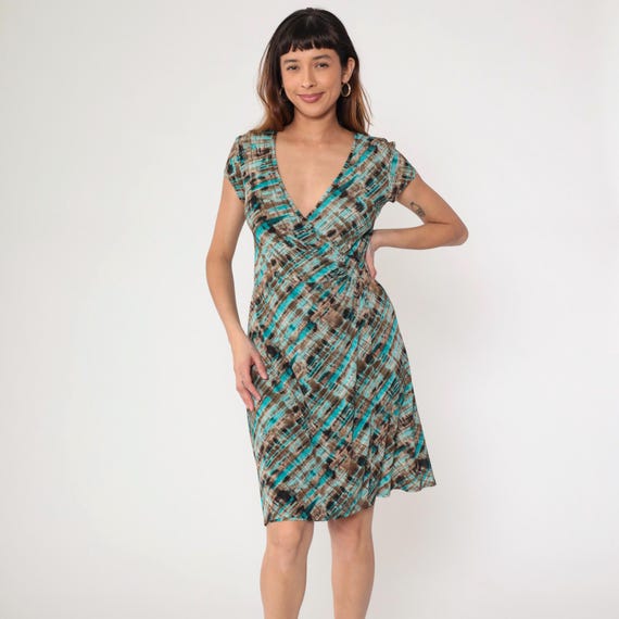 Y2K Abstract Print Dress Midi Ruched Wrap Front O-Ring V Neck 00s Boho Striped Vintage Short Sleeve Bodycon Turquoise Blue Brown Small 6