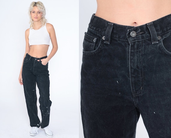 90s Black Jeans Paint Splatter Jeans Mid Rise Str… - image 1