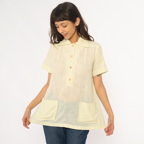 70s Sheer Pale Yellow Blouse Collared Camp Shirt Pleated Shoulder Two Pockets Semi Sheer Light Academia Cottagecore Casual Summer Medium M