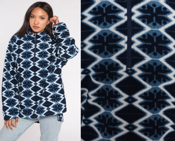 Nordic Fleece Shirt Blue Snowflake Shirt Mock Neck Long sleeve Shirt Y2K Fair Isle Pullover Quarter Zip Shirt Vintage White 2xl xxl 2x