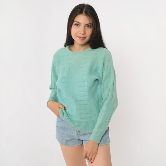 80s Mint Green Sweater Wool Crew Neck Long Sleeve Vintage Textured Knit Pullover Preppy Casual Soft Cozy Pastel Style Warm Comfy Small S