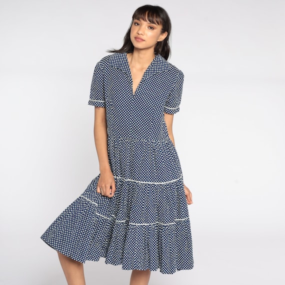 Vintage Polka Dot Dress 70s Tiered Midi Dress Cottagecore 1970s Prairiecore Boho High Waist Navy Blue V Neck Short Sleeve Women's Large L