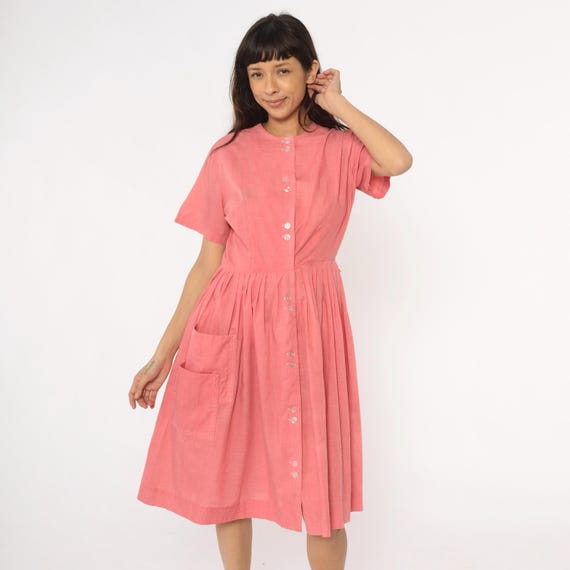 70s Pink Summer Dress Cottagecore Prairie Pleated Skirt Short Sleeve Pockets Cotton Fit Flare Vintage Spring Day Dress Medium Large M/L