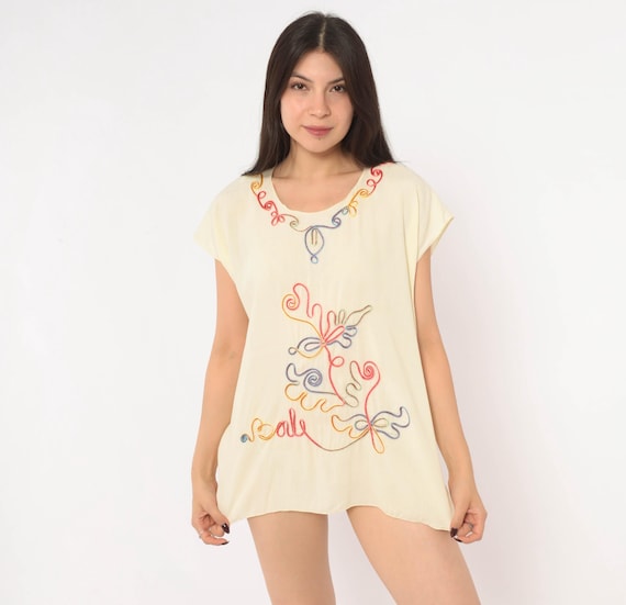Y2K Embroidered Cream Blouse Rainbow Soutache Floral Boxy Semi Sheer Pullover Tunic Hippie Peasant Bohemian Whimsical Summer Shirt Medium M