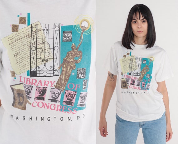 Library of Congress Shirt 90s Washington DC T-Shirt USA Graphic Tee America TShirt Tourist Travel Single Stitch White Vintage 1990s Medium M