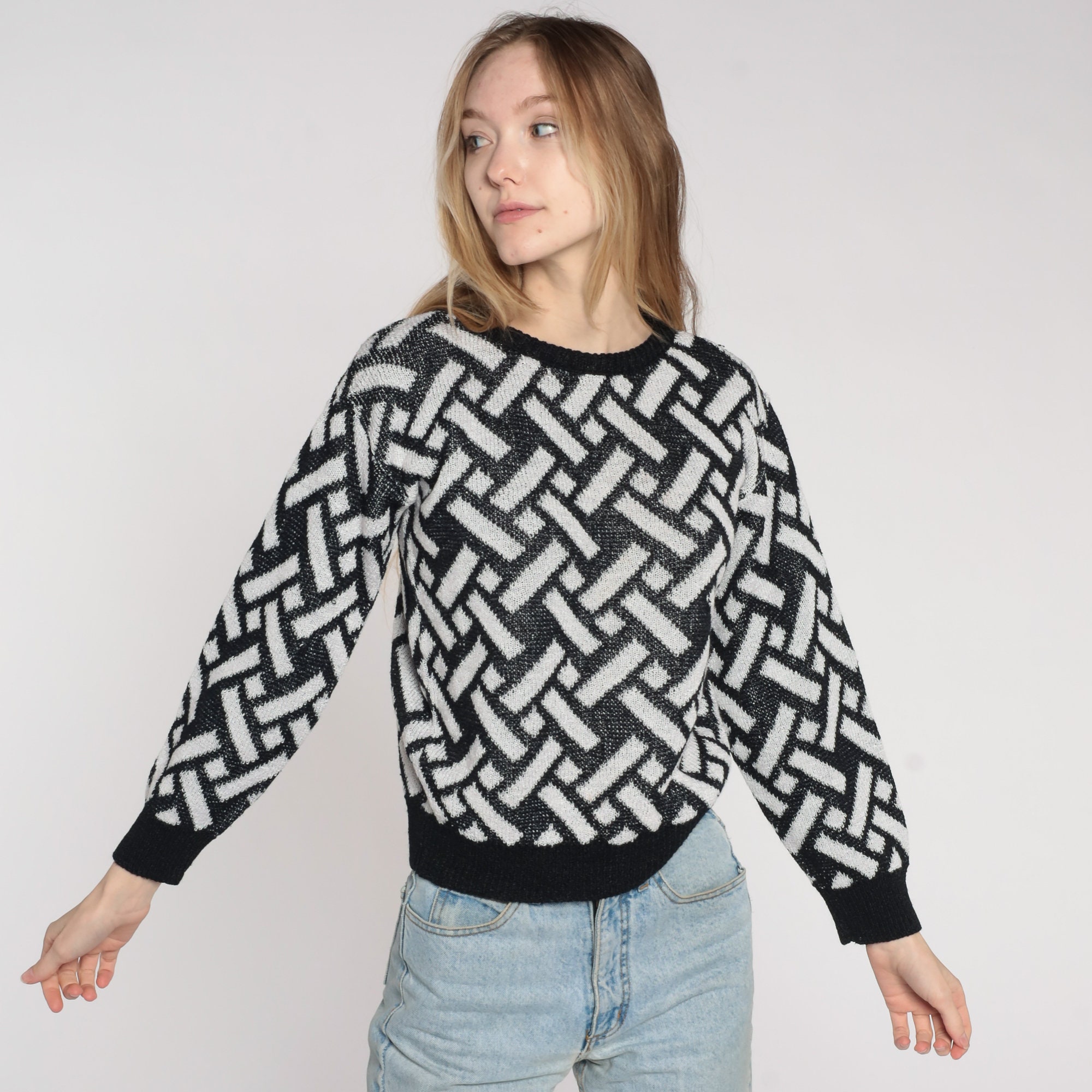 Geometric Sweater 80s Black White Checkered Knit Pullover Sweater 1980s ...