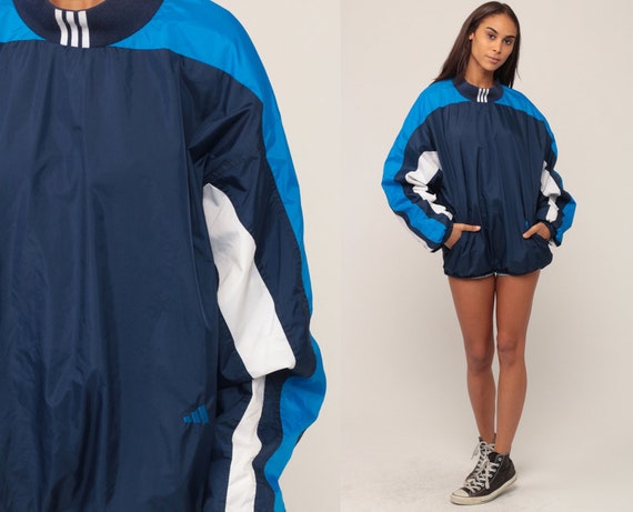 Adidas Jacket Pullover Jacket Windbreaker Jacket 90s Streetwear Blue Stripe Jacket Sports Hipster Vintage Sporty Extra Large  xl
