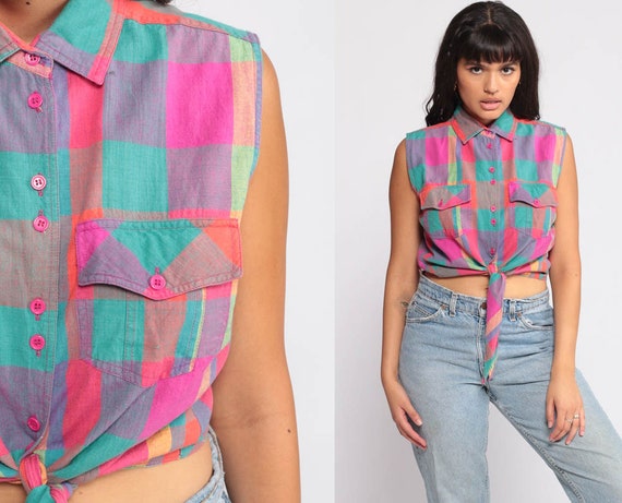 Plaid Blouse 90s CROP TOP Checkered Shirt Button Up Tank Top 1990s Sleeveless Vintage Hipster Retro Tie Waist Pink Turquoise Medium