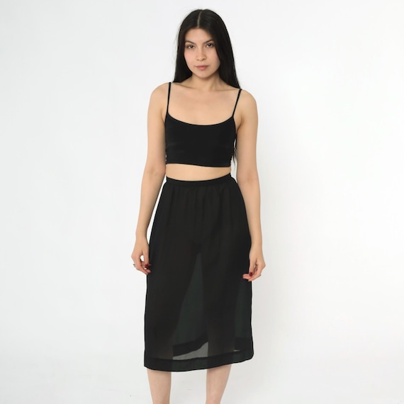 Vintage Sheer Black Skirt 80s Basic Party Skirt Midi High Waist Skirt 1980s Plain Solid Cocktail Retro Straight Cut Small S