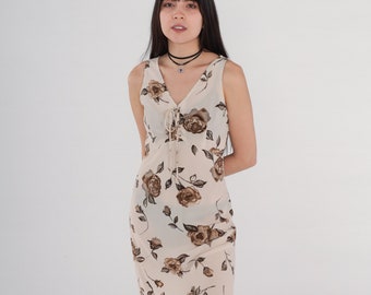 Floral Babydoll Dress 90s Beige Grunge Mini Lace Up Corset Dress EMPIRE Waist Bohemian V Neck Revival 1990s Vintage Boho Sleeveless Small