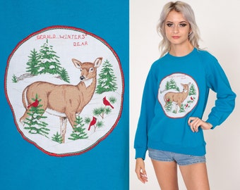 Winter Deer Sweatshirt 80s Blue Pullover Sweatshirt Animal Cardinal Bird Graphic Shirt Raglan Sleeve Grandma Sweater Vintage 1980s Medium M