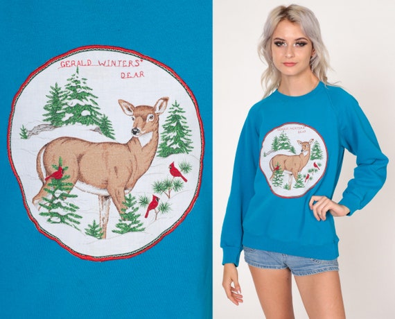 Winter Deer Sweatshirt 80s Blue Pullover Sweatshirt Animal Cardinal Bird Graphic Shirt Raglan Sleeve Grandma Sweater Vintage 1980s Medium M