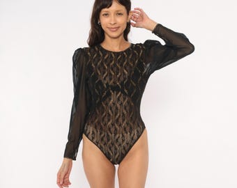 Ungaro Body de encaje lúrex dorado estilo años 90, leotardo transparente de manga abullonada, gasa negra, espalda descubierta, estampado de ondas brillantes, vintage, talla L