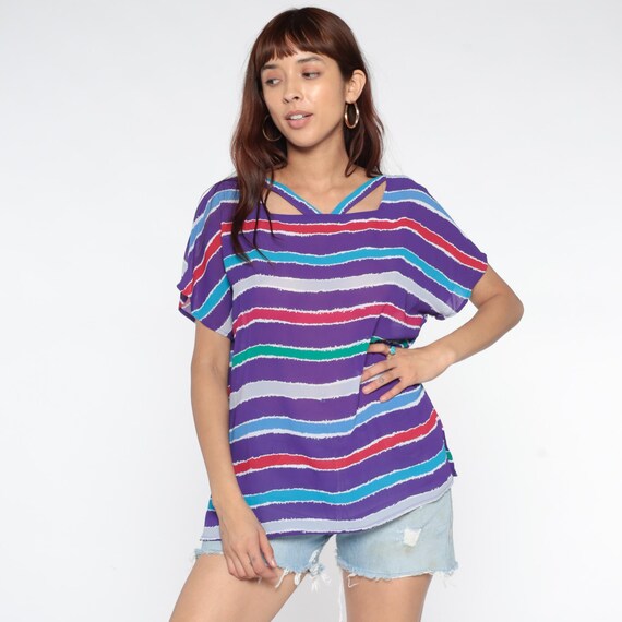 80s Purple Striped Top Multicolor Cutout Back Geometric Turquoise Red White Green Lavender Short Sleeve Tunic Vintage Summer Shirt Medium M