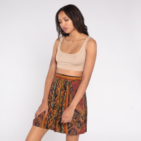 90s Abstract Shorts Brown Green Rust Orange High Waist Elastic Back Caliche Cotton Blend Patterned Boho Grunge Festival Medium Large