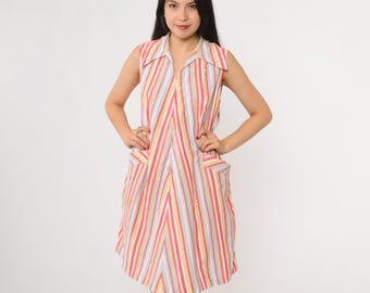 Robe à rayures arc-en-ciel des années 70 avec fermeture éclair sur le devant sans manches A-ligne Mod été Chevron coton coloré Boho House Dress Garden Medium M 14