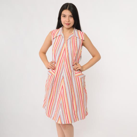 Rainbow Stripe Dress 70s Zip Front Sleeveless A-Line Mod Summer Chevron Cotton Colorful Boho House Dress Garden Medium M 14