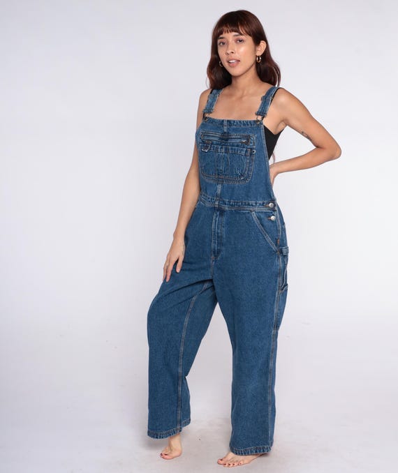 Y2K Denim Overalls Cotton Blue Baggy Jumpsuit 90s Workwear Vintage Cross Over Back Full Length Utility Carpenter Work Farmer Western Large L