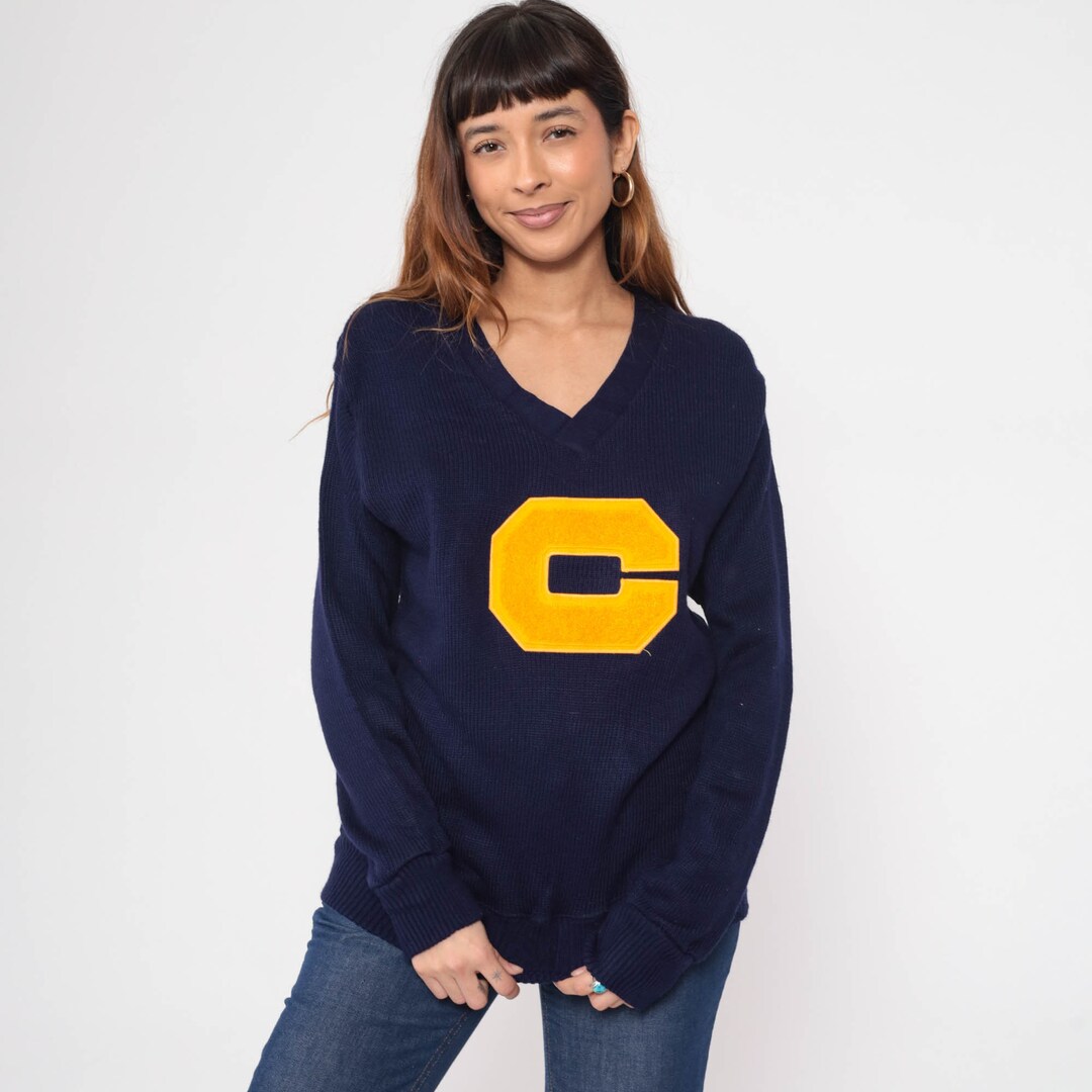 70s Varsity Sweater C Letterman Sweater Navy Blue Gold Yellow V Neck Pullover College Slouchy Vintage Retro 1970s Men s 36 Medium Etsy