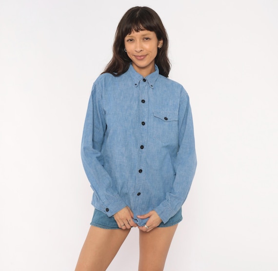 70s Chambray Button Down Anchor Buttons Shirt Blue Cotton Work Wear Chest Pocket Collar Light Denim Workwear Utility Top Vintage Medium M