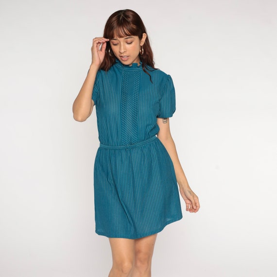 Puff Sleeve Dress Teal Mini 70s Secretary Dress S… - image 4